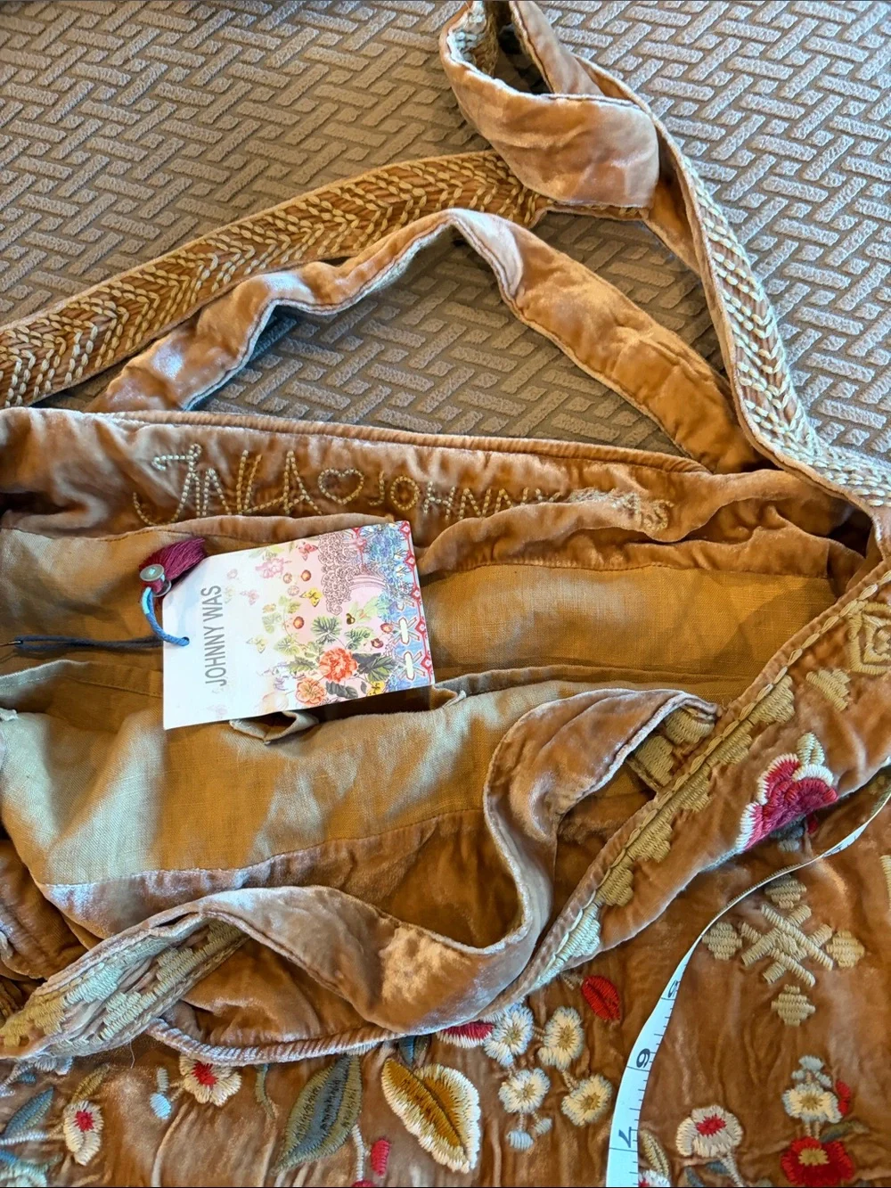 Johnny Was Tan Velvet Tote with Red Floral Embroidery